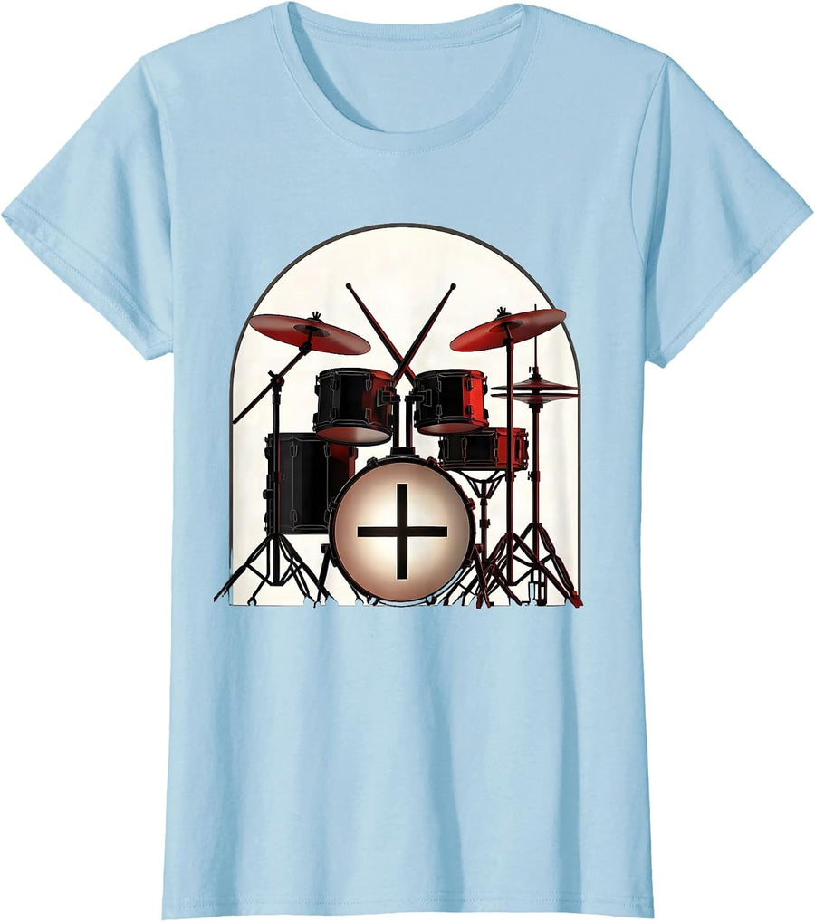 Geometric Drum Kit Church Arch Christian Musician Worship T-Shirt, Women, Baby Blue, Large - As Pictured
