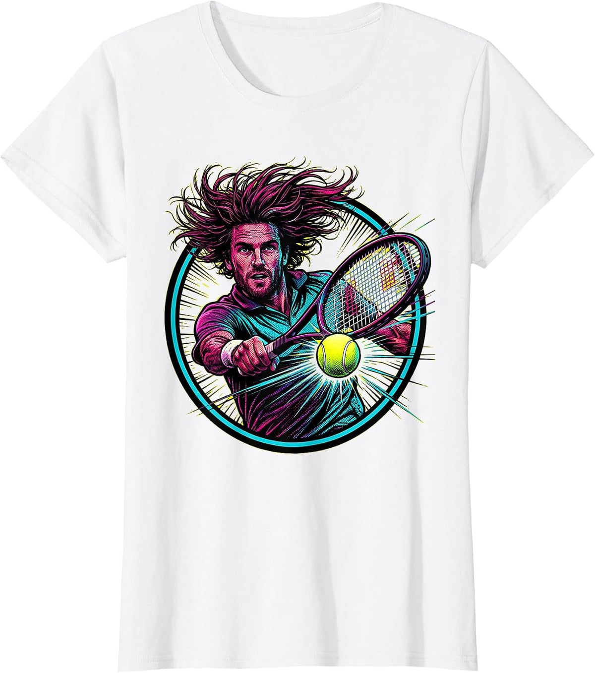 Fierce Backhand Wild Hair Flying Tennis Player T-Shirt - White