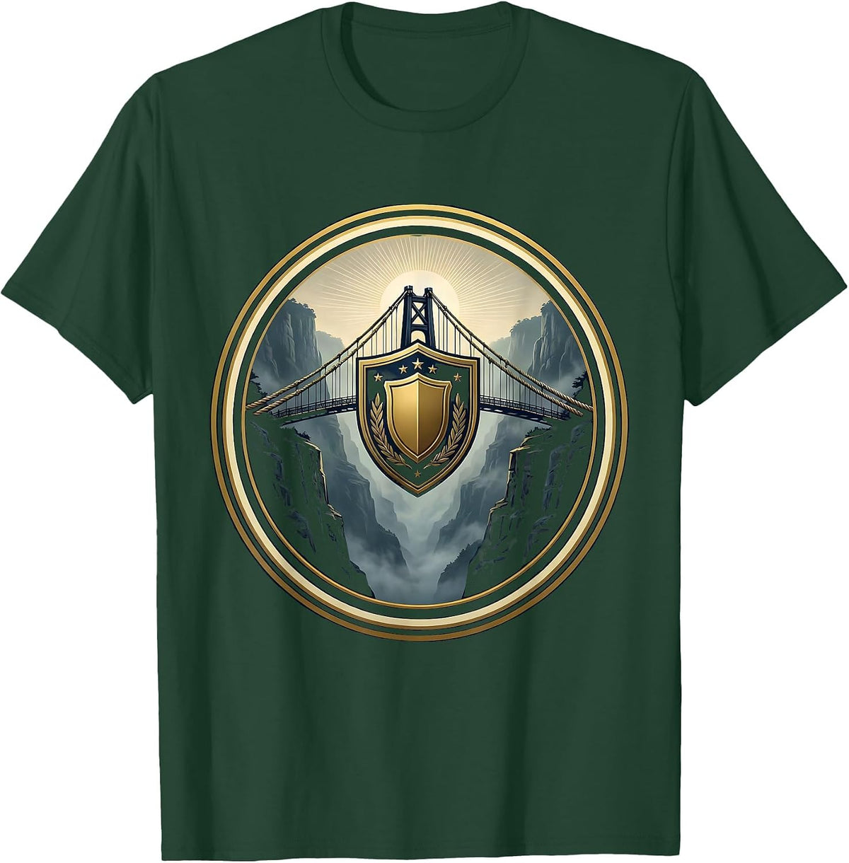 Rope Bridge Over Misty Gorge Freedom Design T-Shirt - Dark Green