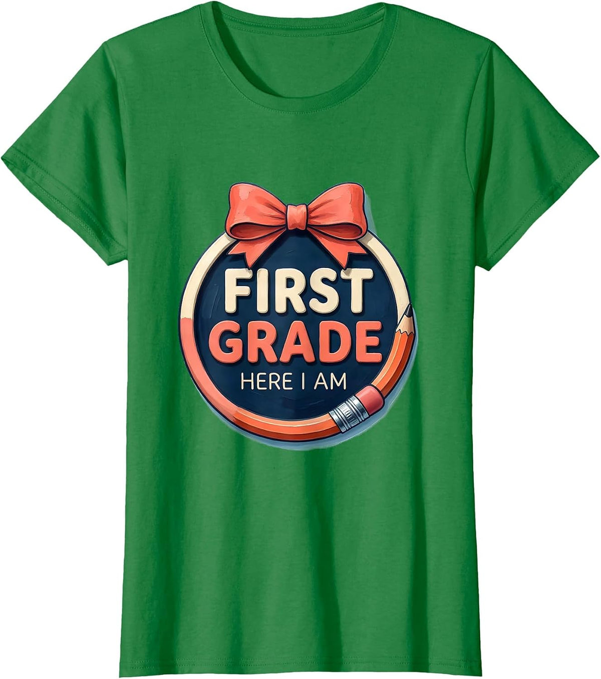 Women's First Grade Here I Am Cute Coquette Bow Back to School T-Shirt - Kelly Green