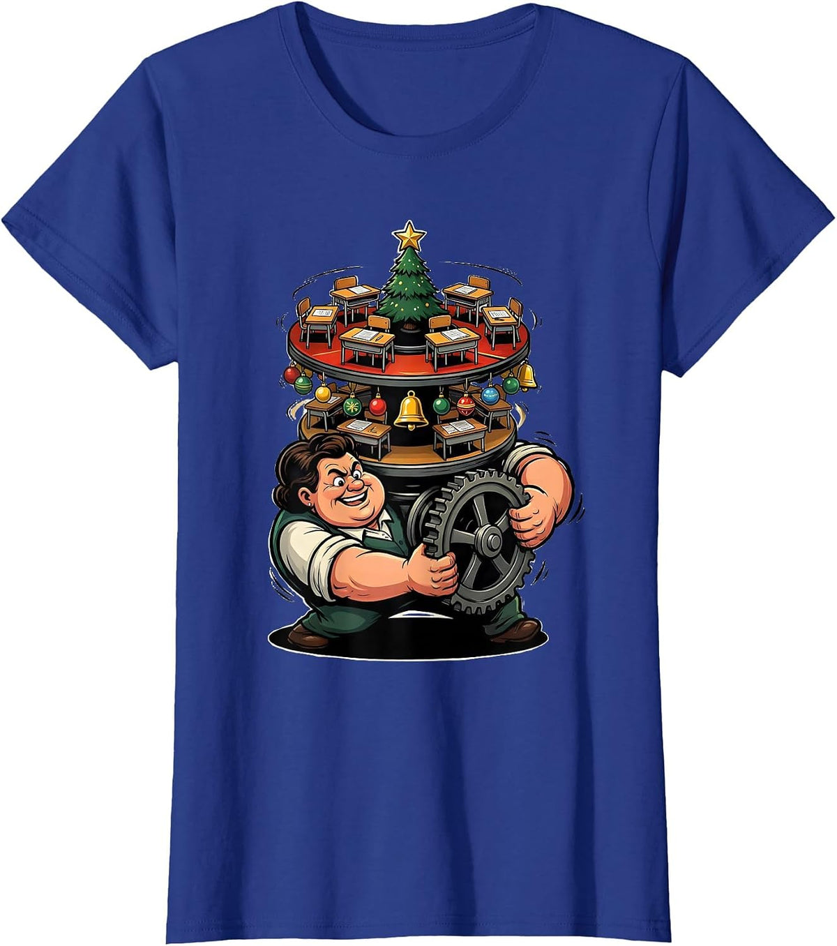 Women's Cartoon Teacher Christmas Music Box Classroom Humor T-Shirt - Royal Blue