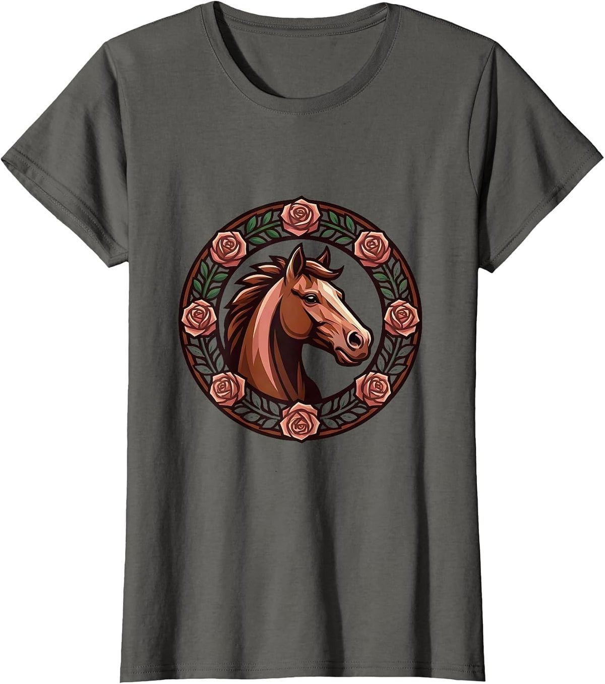 Women's Horse Head Floral Wreath Illustration Design T-Shirt - Asphalt Grey