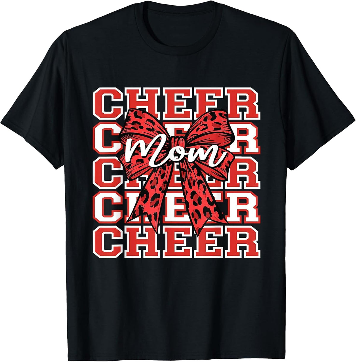 Football Cheer Mom Game Day Red Leopard Bow Cheerleading T-Shirt - Black