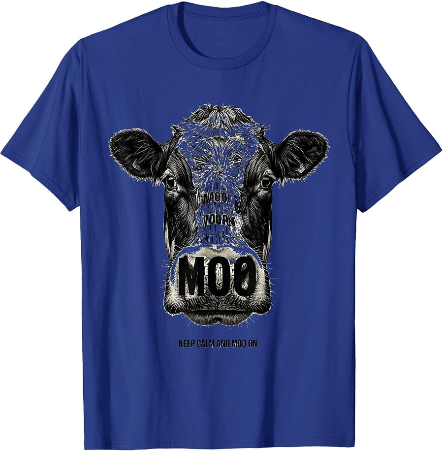 Keep Calm and Moo On Funny Cow Design T-Shirt - Royal Blue