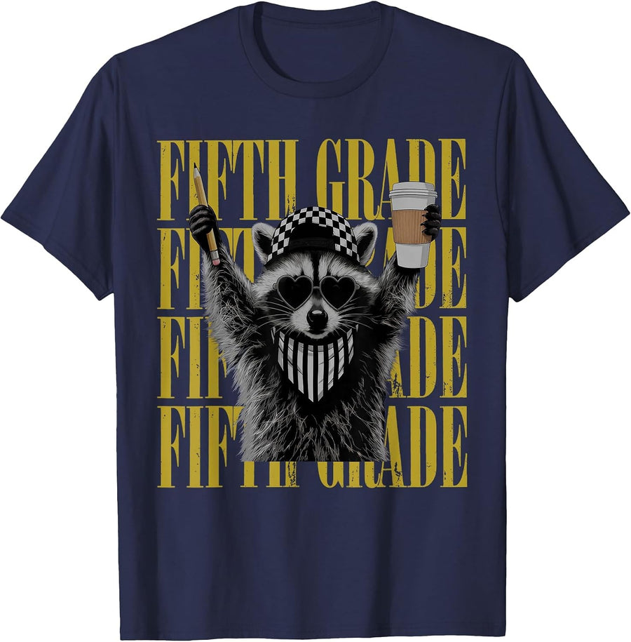 Fifth Grade Teacher Feral Raccoon Coffee Humor T-Shirt - Navy Blue