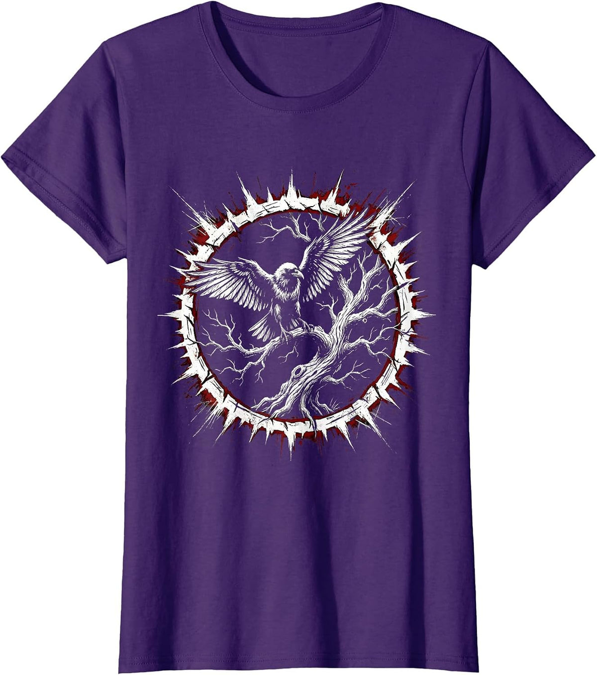 Women's Emo Raven on Twisted Bare Tree Illustration T-Shirt - Purple