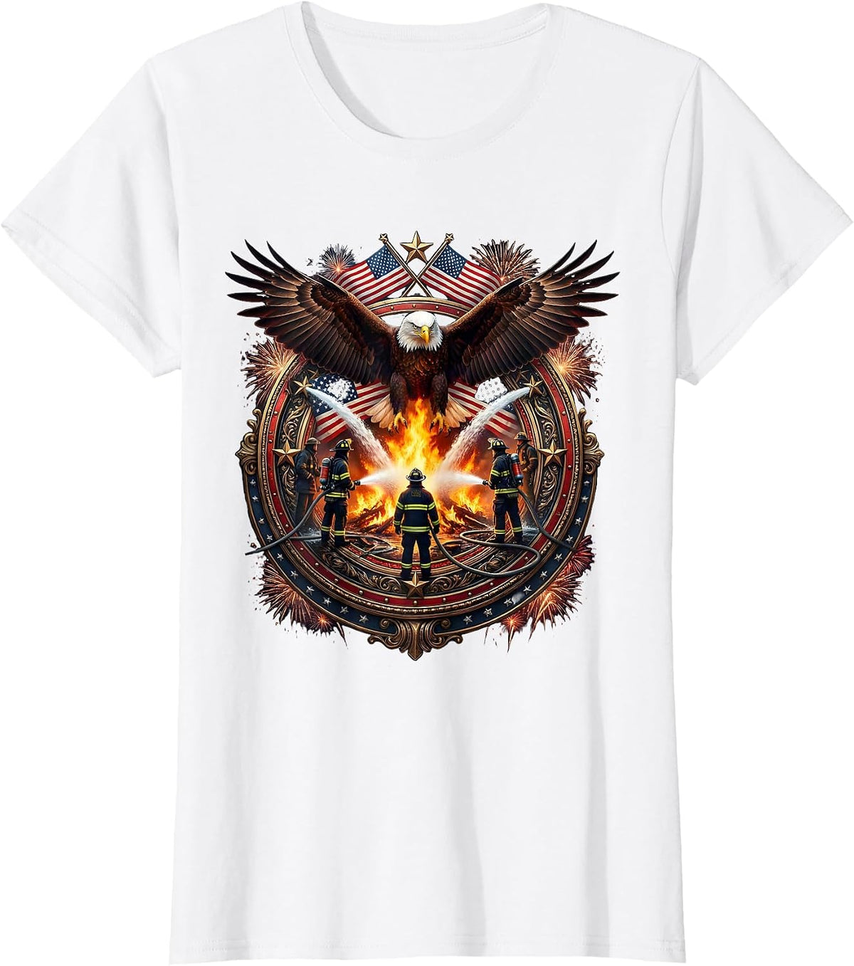 Aerial View Firefighters Surrounding Blaze Graphic T-Shirt - White