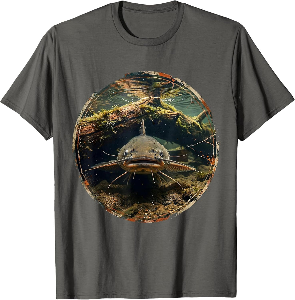Men's Catfish Under Sunken Log Fishing Graphic T-Shirt - Asphalt Grey