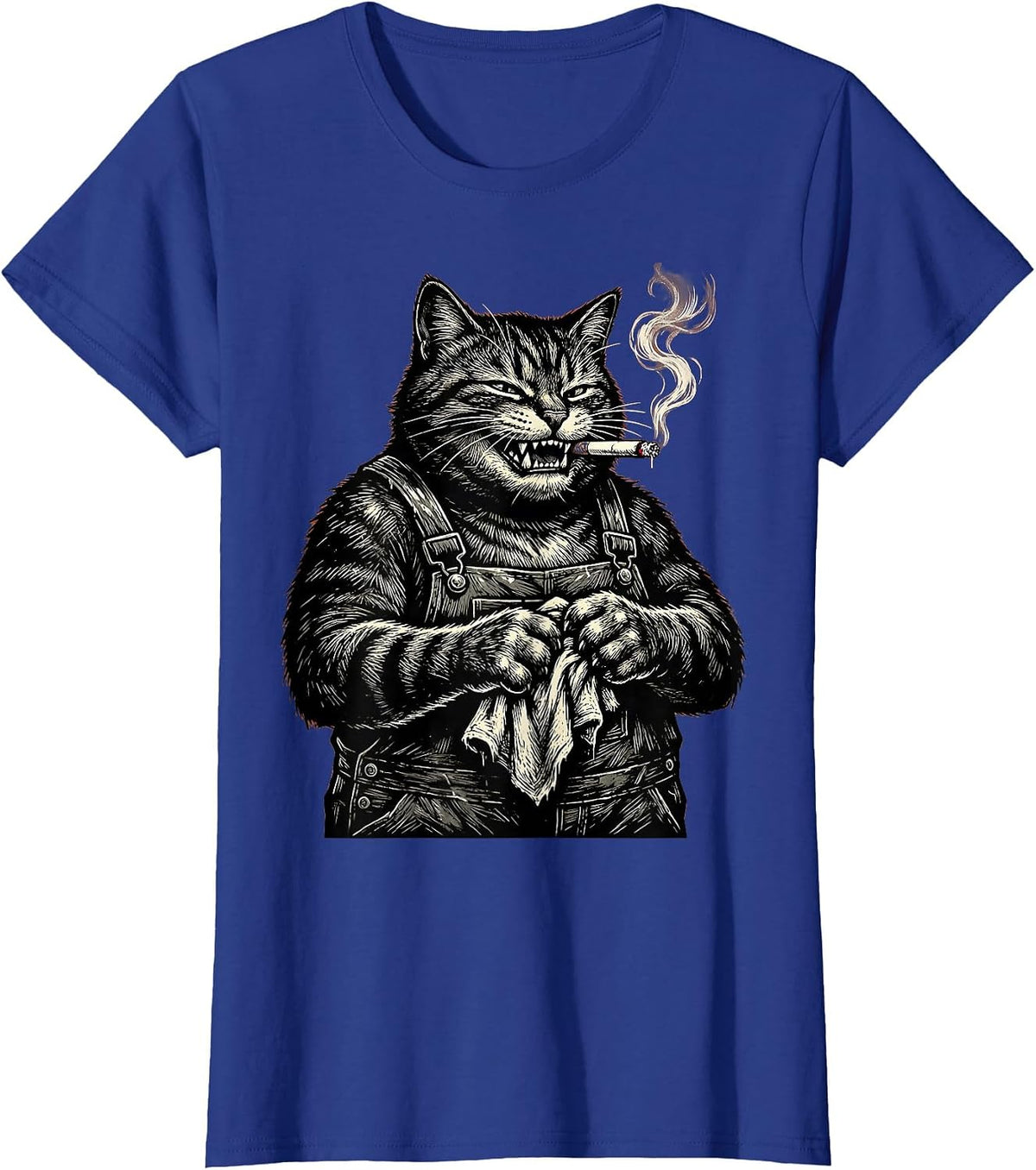 Women's Cat Mechanic With Cigarette Graphic Design T-Shirt - Royal Blue