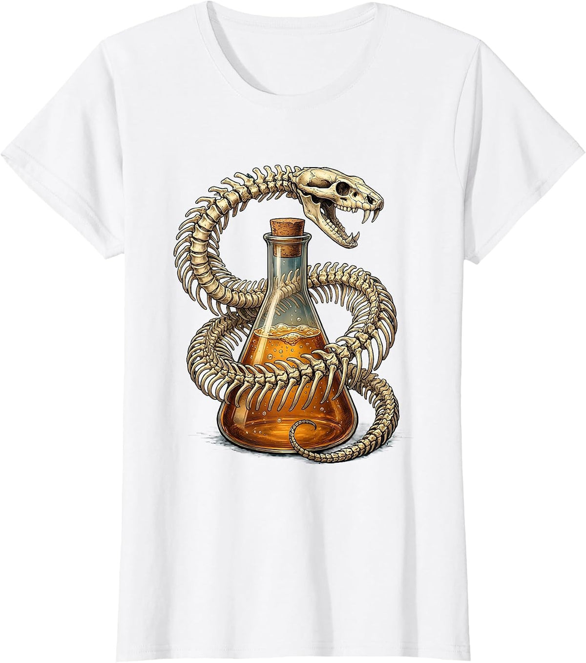 Snake Skeleton Coiled Around Chemistry Beaker T-Shirt - White