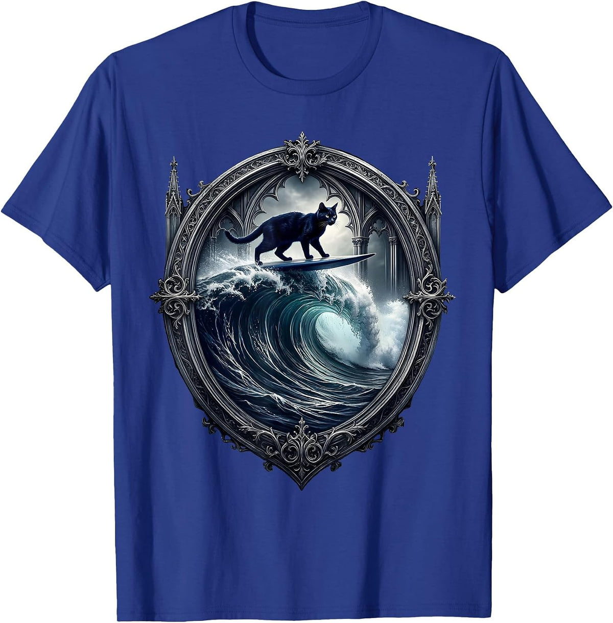 Cat Surfing Ocean Wave Illustration T-Shirt - Royal Blue