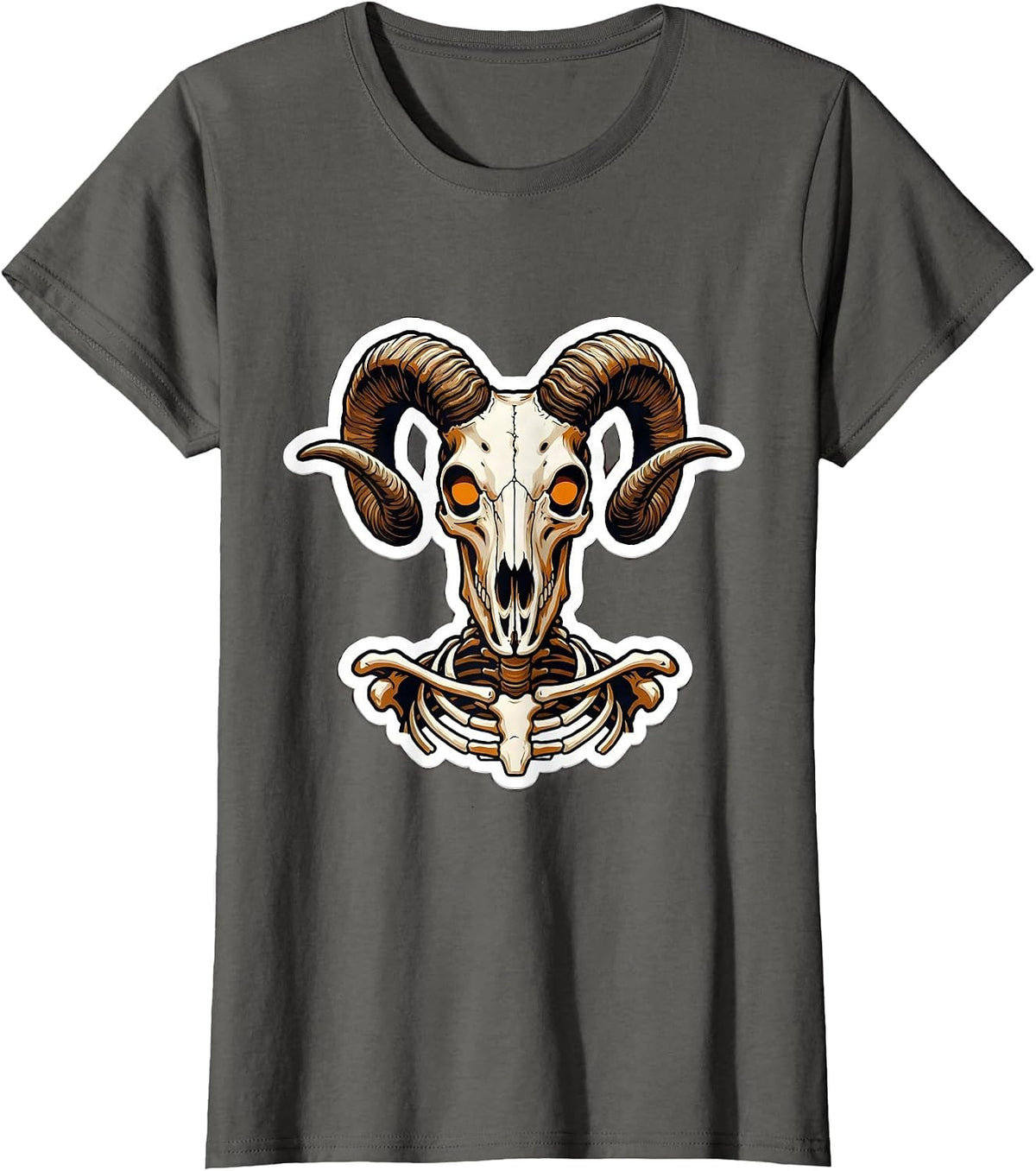 Women's Skeletal Goat Glowing Eyes Dark Art Design T-Shirt - Asphalt Grey