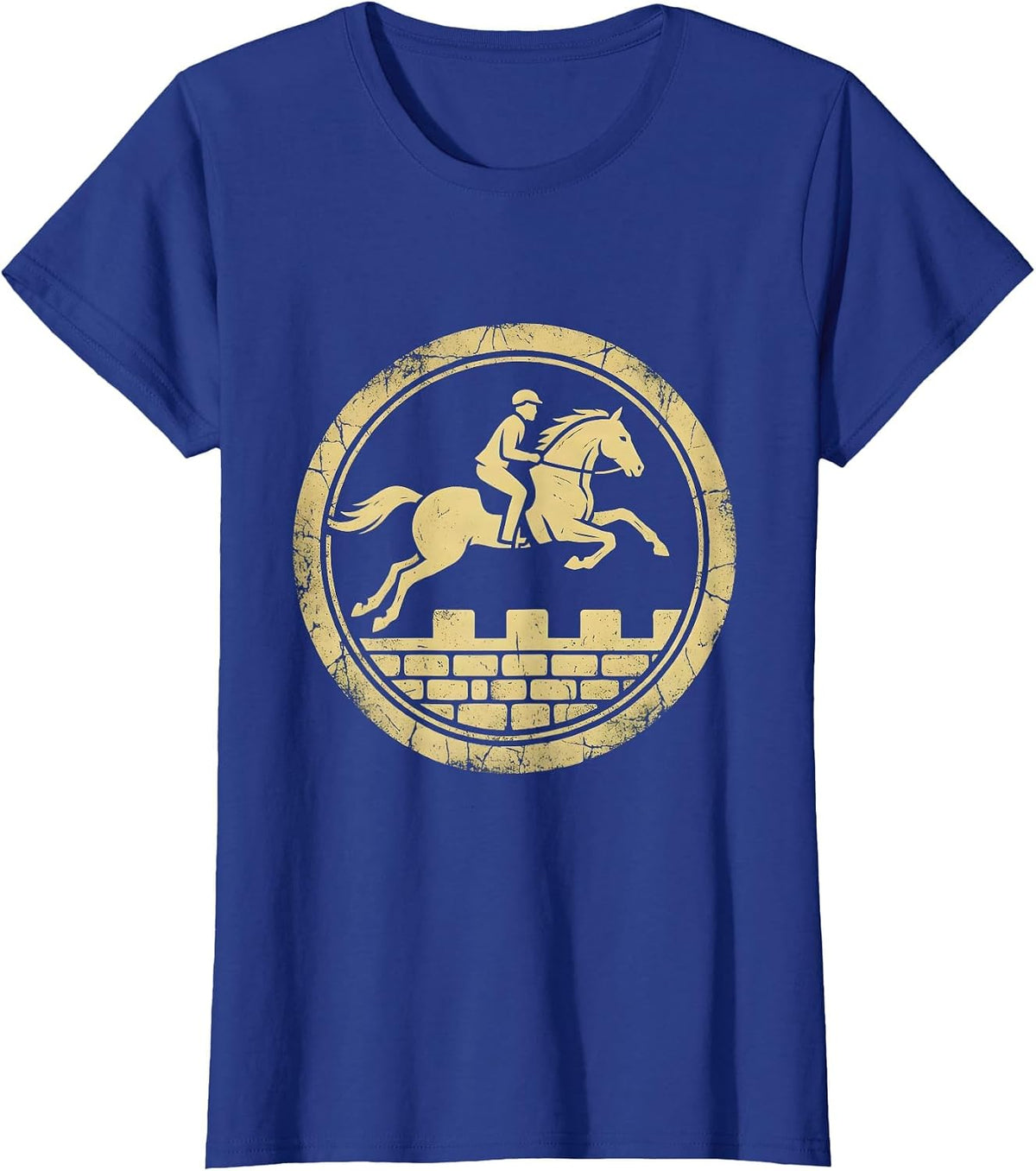 Women's Horse and Rider Leaping Over Stone Wall T-Shirt - Royal Blue