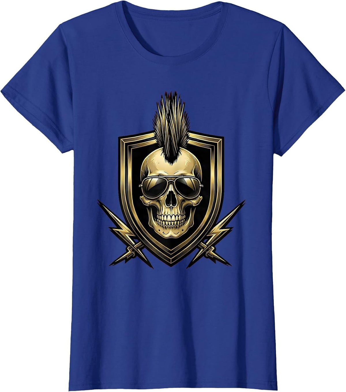 Women's 80s Band Mohawk Skull Aviator Sunglasses Design T-Shirt - Royal Blue
