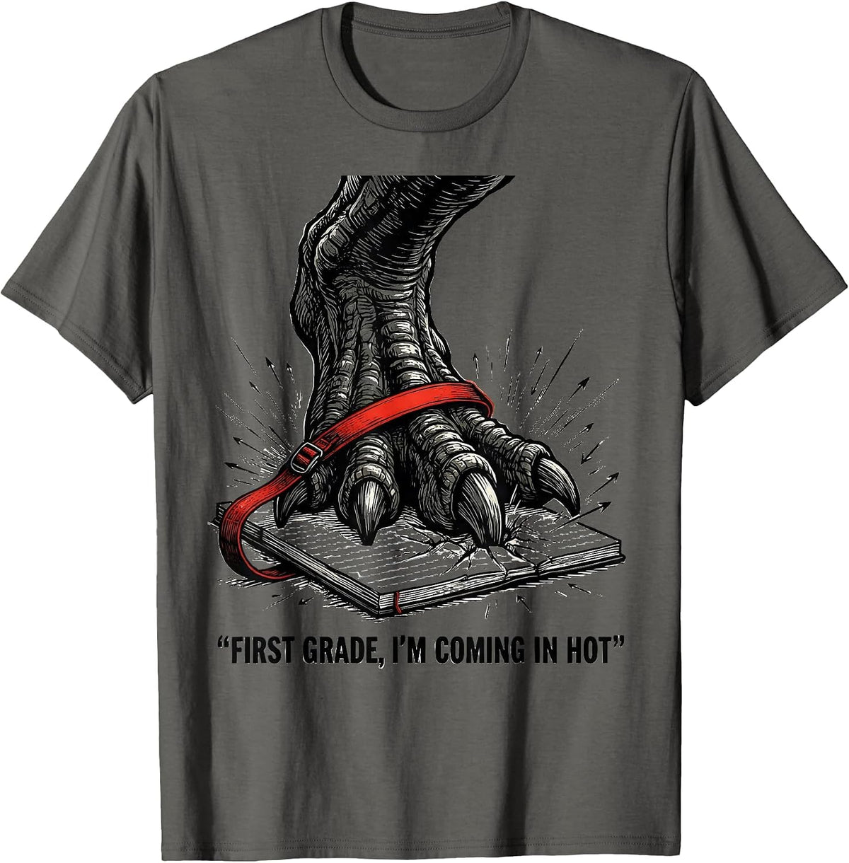 Men's First Grade Im Coming In Hot Funny Dinosaur Boy Back T-Shirt - Asphalt Grey