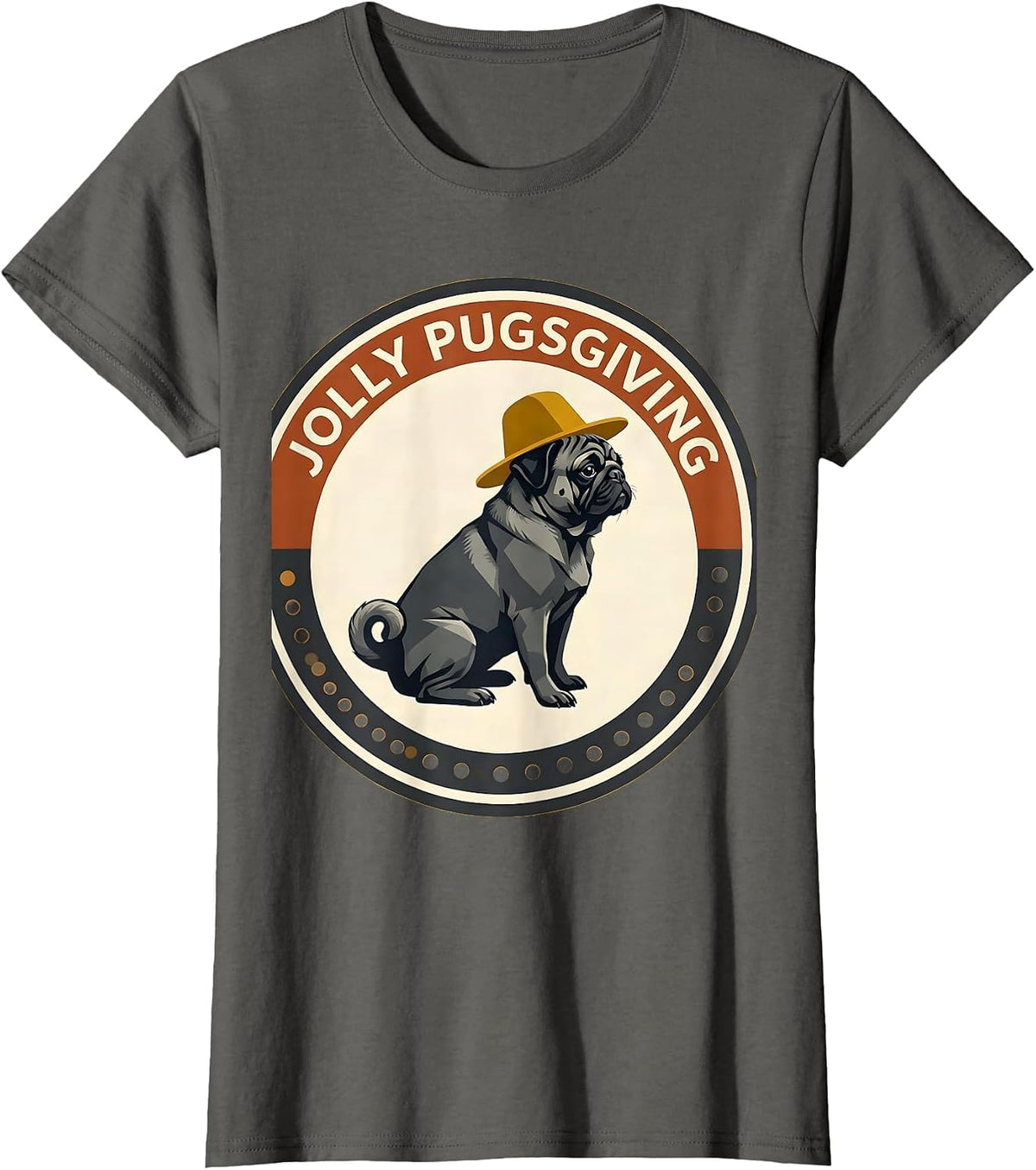 Women's Jolly Pugsgiving Midcentury Modern Pug Lover Thanksgiving T-Shirt - Asphalt Grey