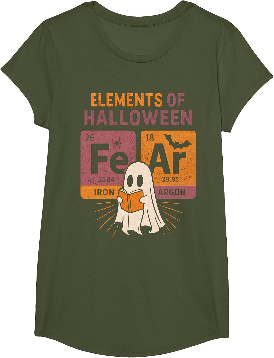 Elements of Halloween Funny Periodic Table Ghost Chemistry T-Shirt - Girls Olive Green