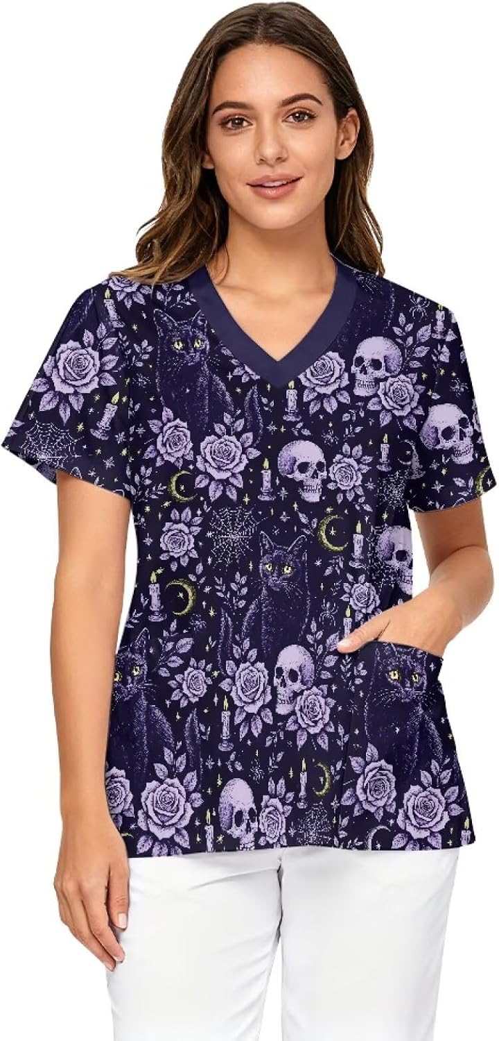 Scrubs for Women V Neck Medical Scrub Tops Size S - 5XL - Halloween Skeleton Cat Print Purple