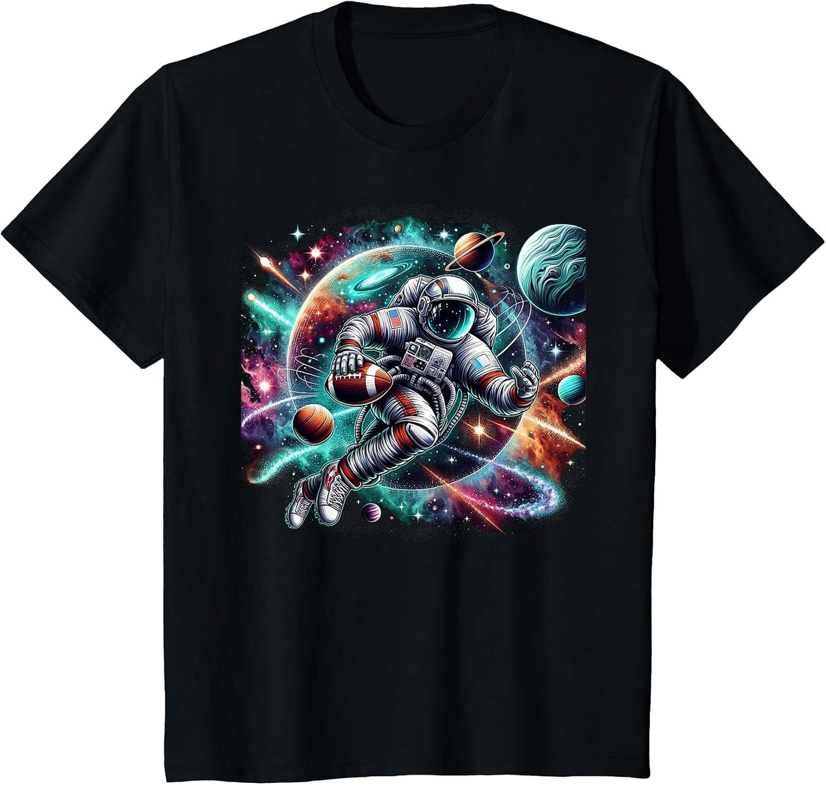 Cool Galaxy Football Player Astronaut on American Football T-Shirt - Black