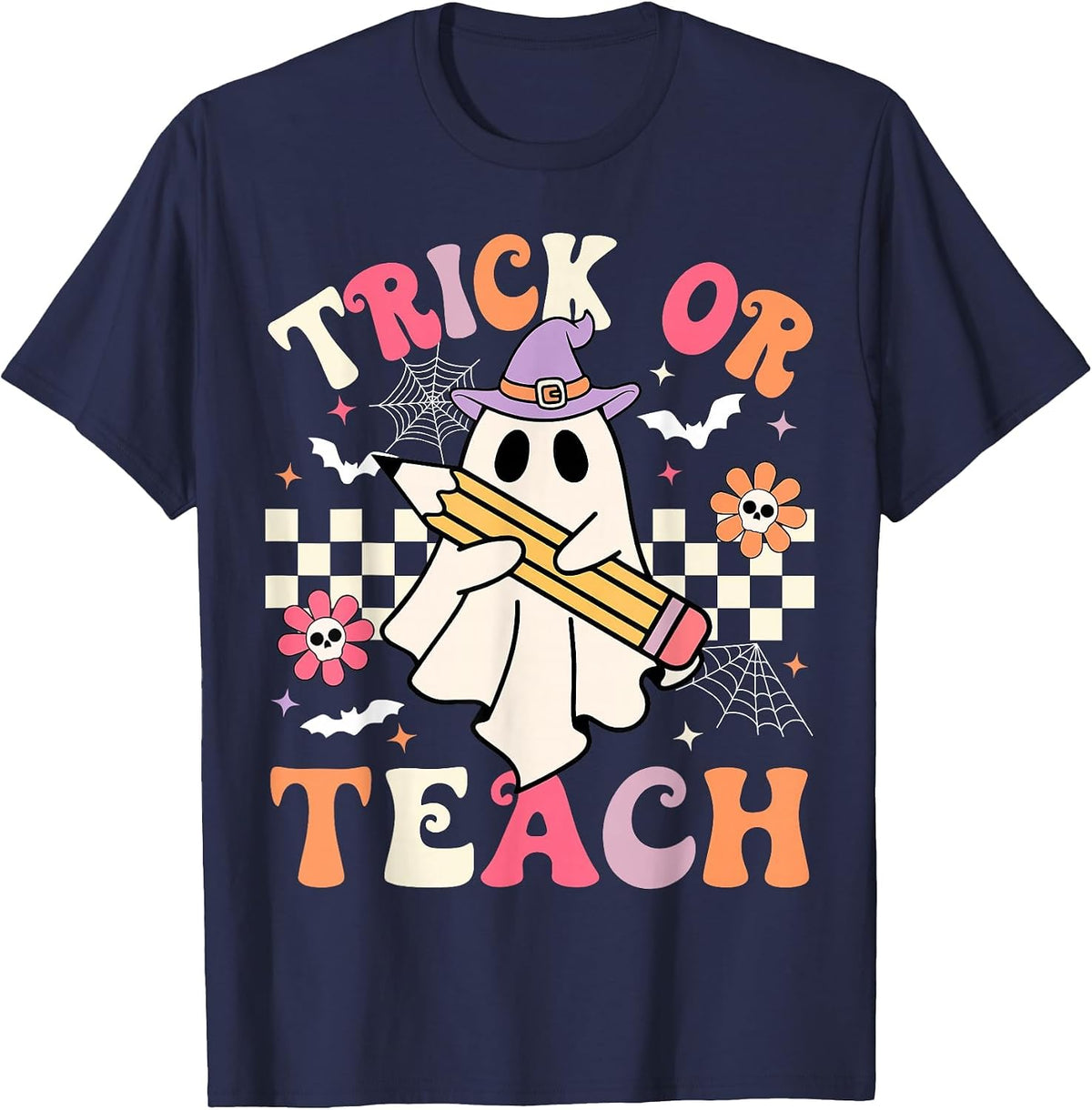 Trick Or Teach Groovy Teacher Halloween Retro Floral Ghost T-Shirt - Navy Blue