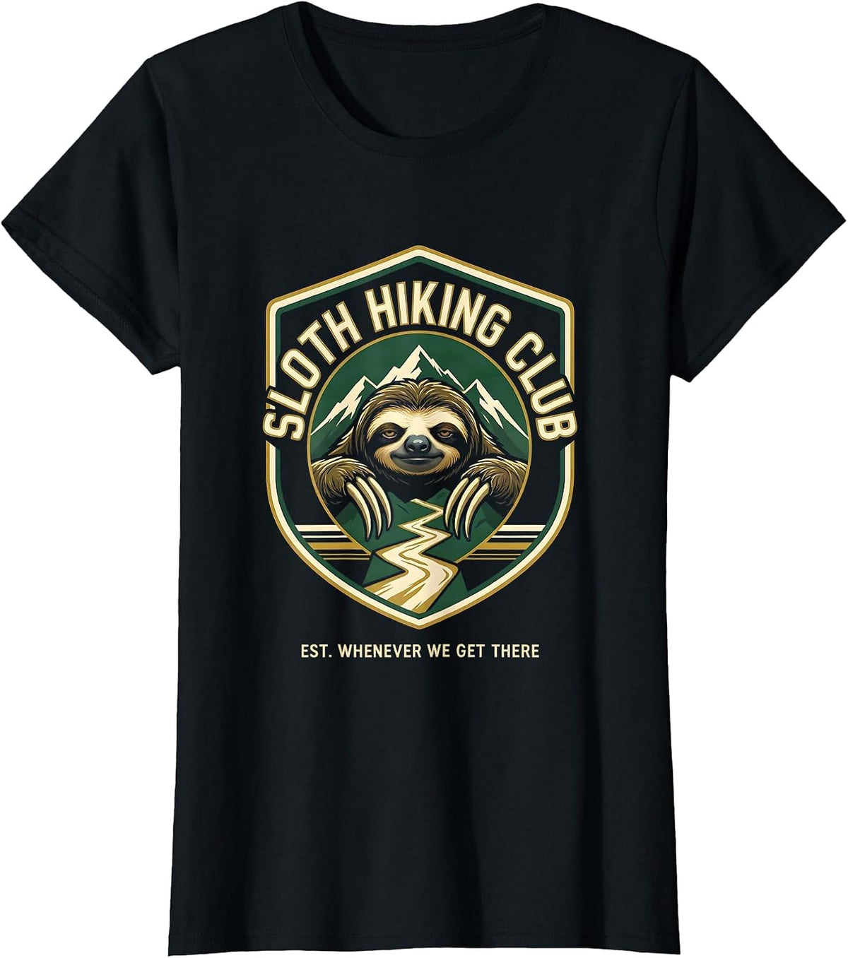 Women's Sloth Hiking Club Est. Whenever We Get There Funny T-Shirt - Black