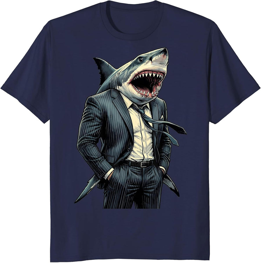 Great White Shark Jaw Business Suit Graphic T-Shirt - Navy Blue