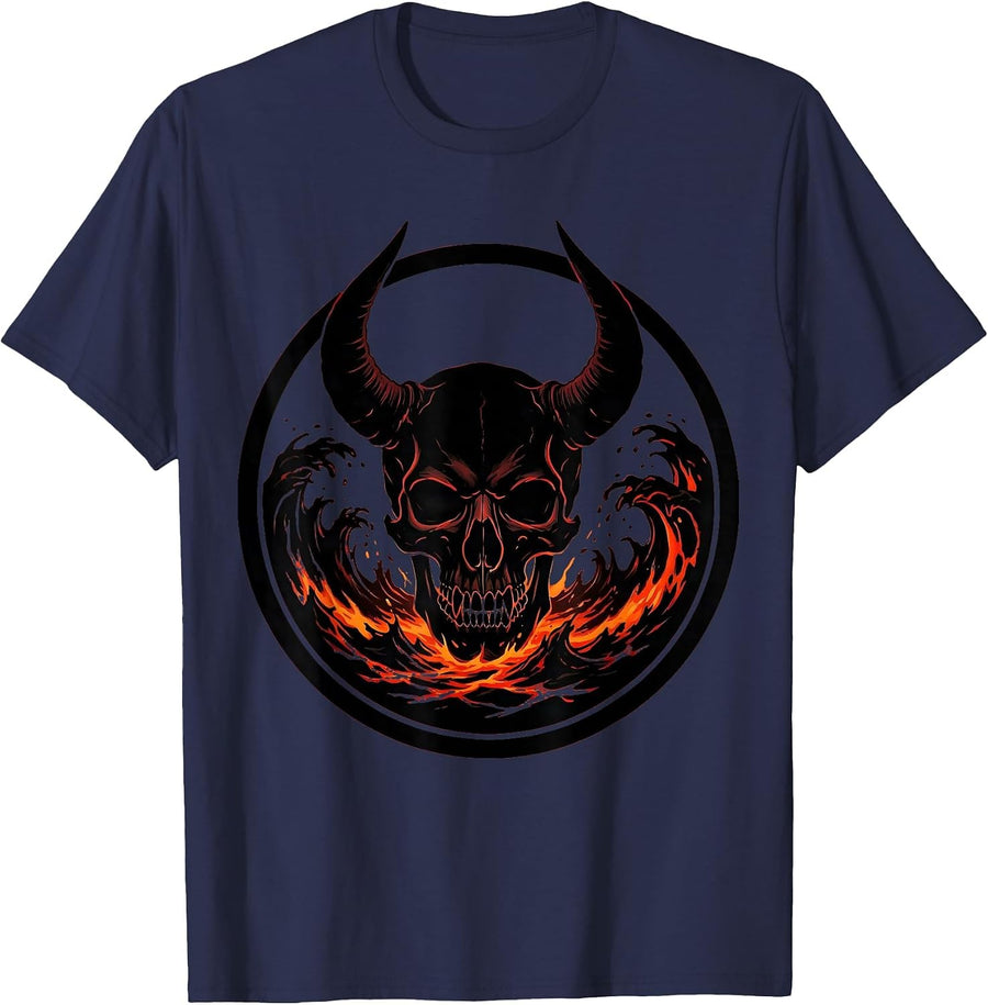 Horned Skull in Boiling Lava Heavy Metal Art T-Shirt - Navy Blue