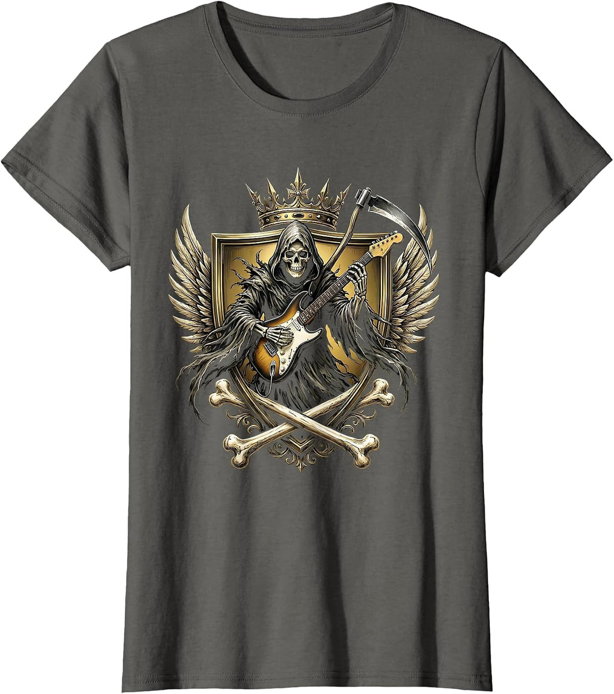 Women's Grim Reaper Electric Guitar Metal Illustration T-Shirt - Asphalt Grey