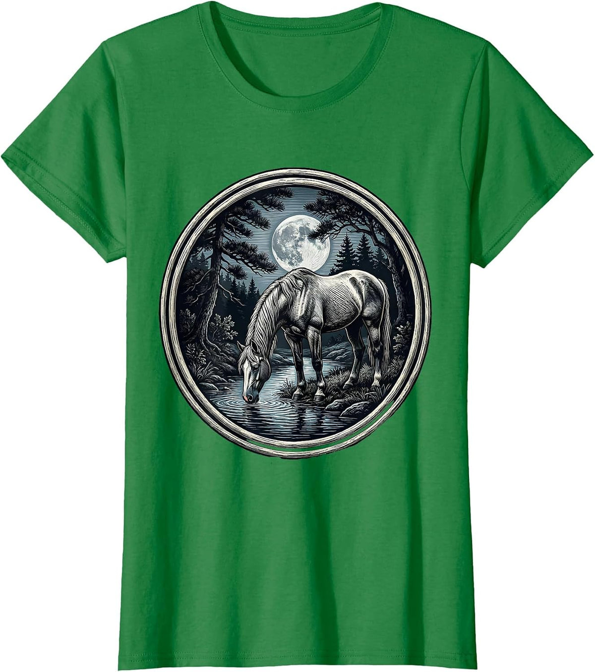 Women's Horse Drinking from Moonlit Forest Stream T-Shirt - Kelly Green