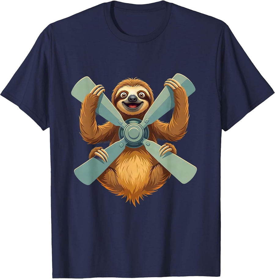 Sloth Hanging From Ceiling Fan Funny Novelty T-Shirt - Navy Blue