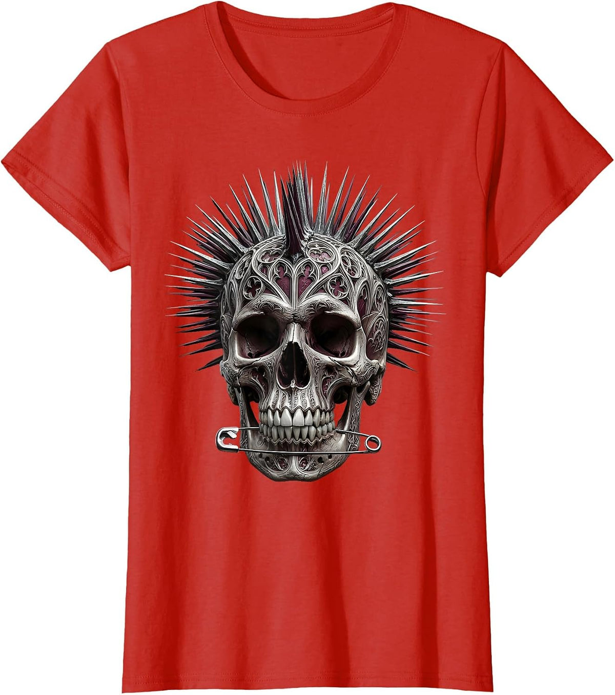 Punk Mohawk Skull Safety Pin Earring Design T-Shirt - Red
