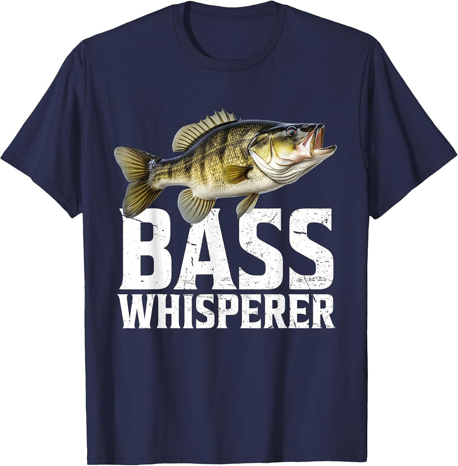 Bass Fishing Shirts for Men Bass Whisperer Fishing T-Shirt - Navy Blue