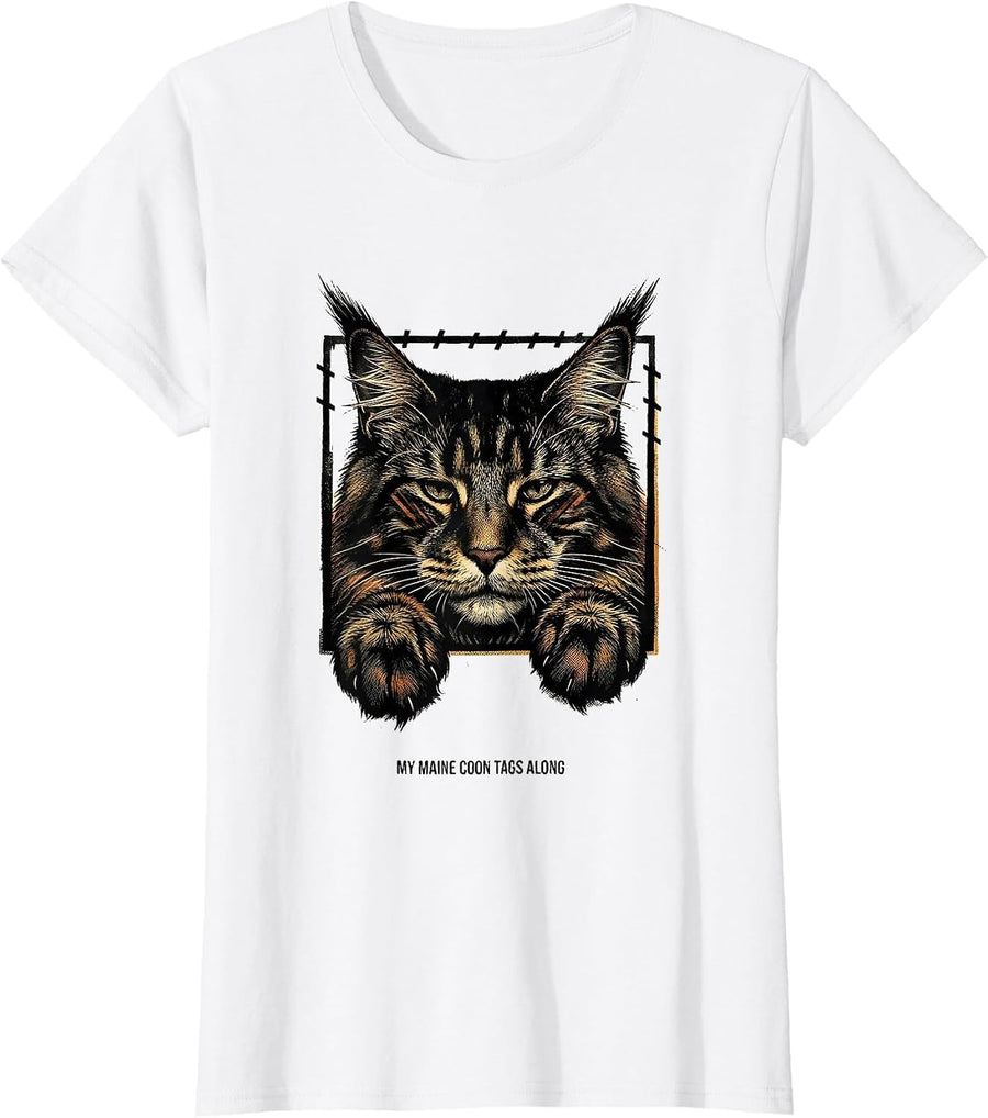 Women's My Maine Coon Tags Along Cute Cat Lover Pet Pocket Humor T-Shirt - White