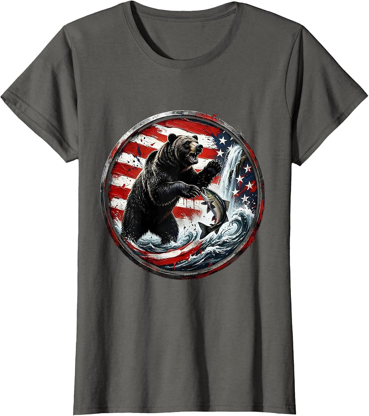 Women's Bear Catching Salmon in Rushing Waterfall T-Shirt - Asphalt Grey