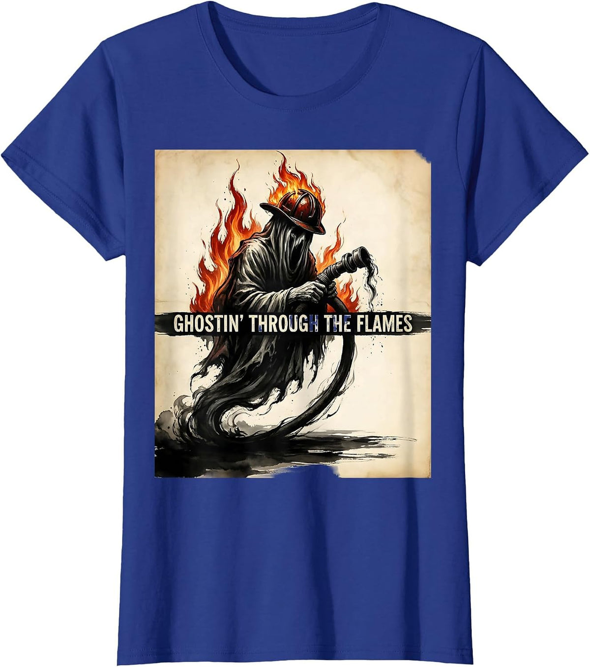 Women's Halloween Firefighter Ghost Ghostin Through the Flames T-Shirt - Royal Blue