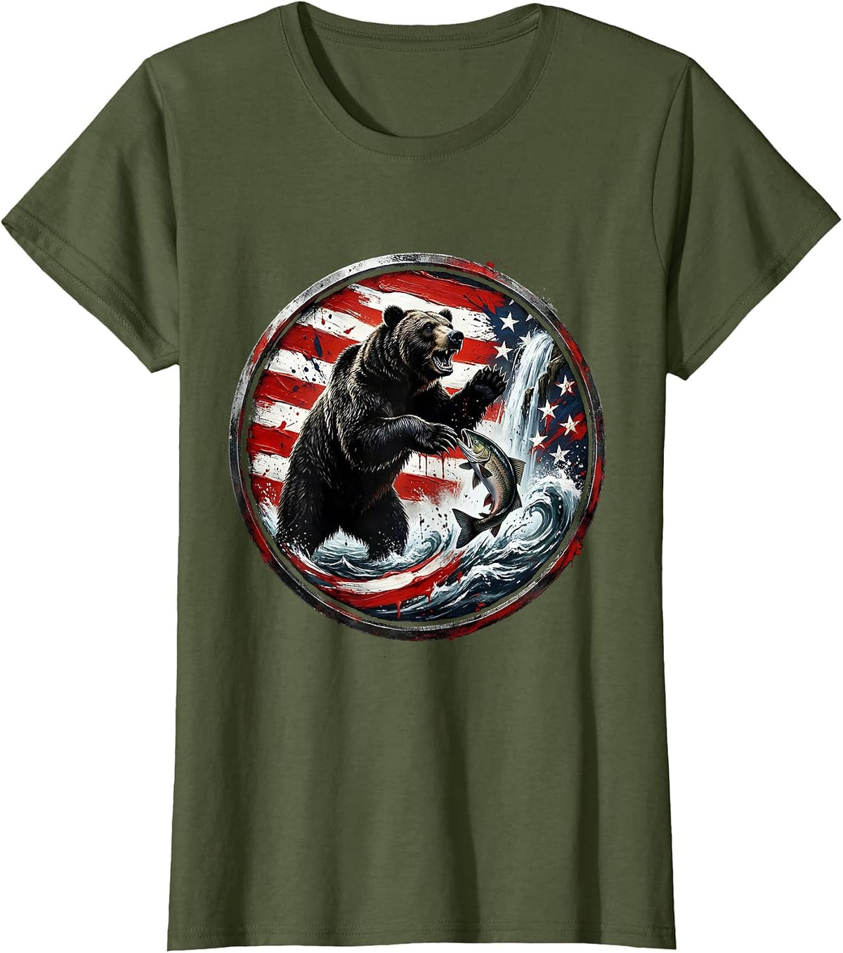 Women's Bear Catching Salmon in Rushing Waterfall T-Shirt - Olive Green