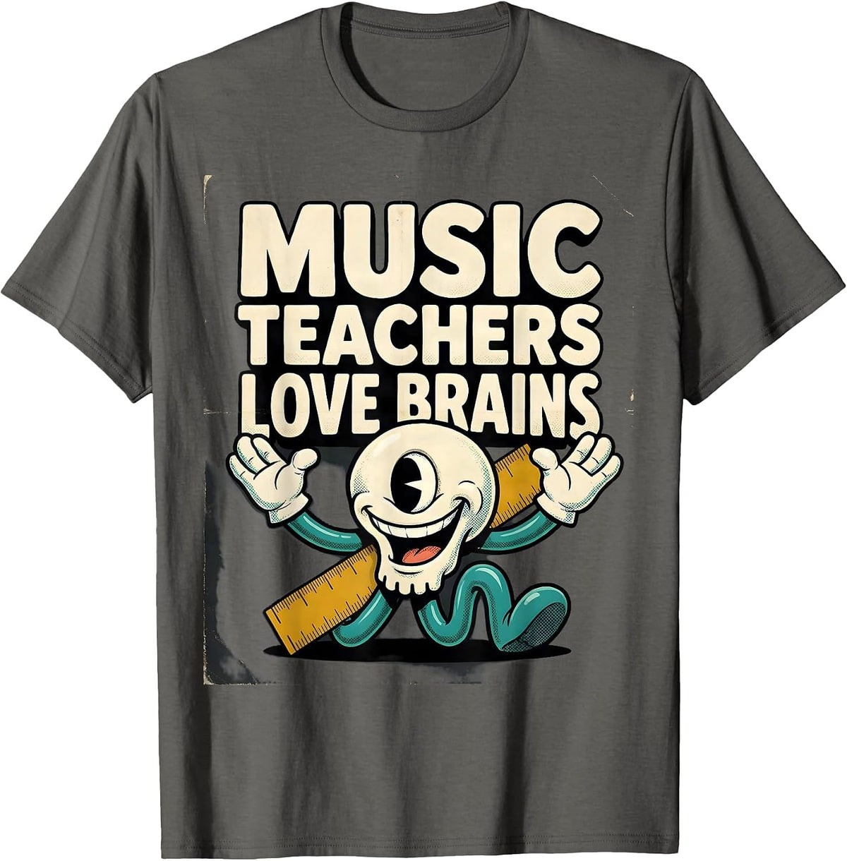 Men's Music Teachers Love Brains Retro Cartoon Teacher Halloween T-Shirt - Asphalt Grey