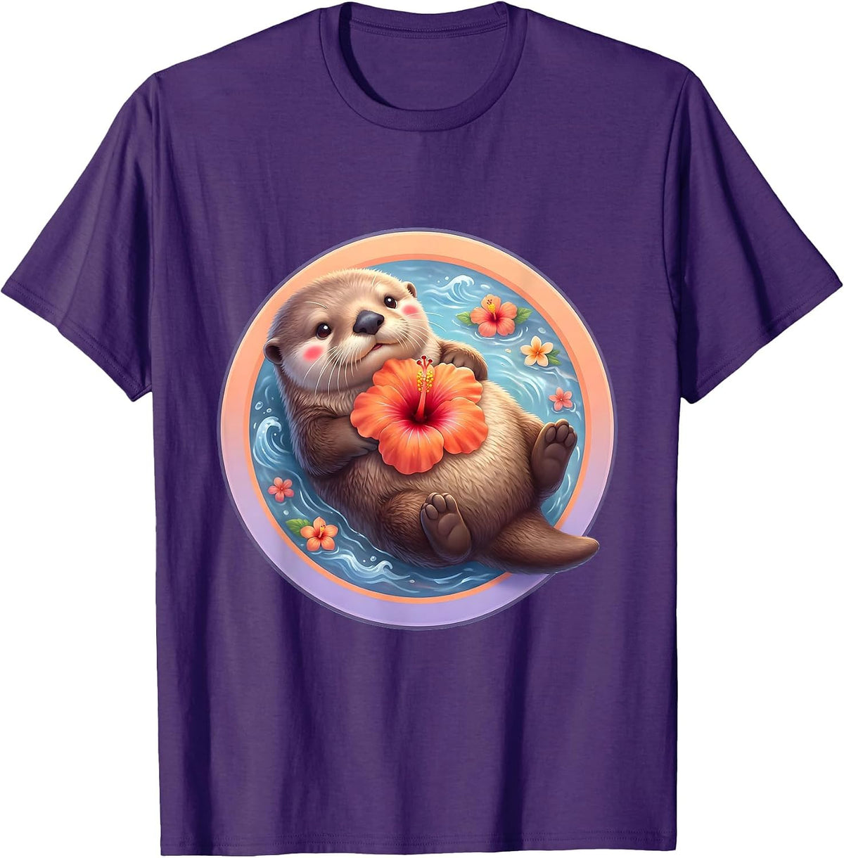 Hawaiian Sea Otter Floating With Flower Illustration T-Shirt - Purple