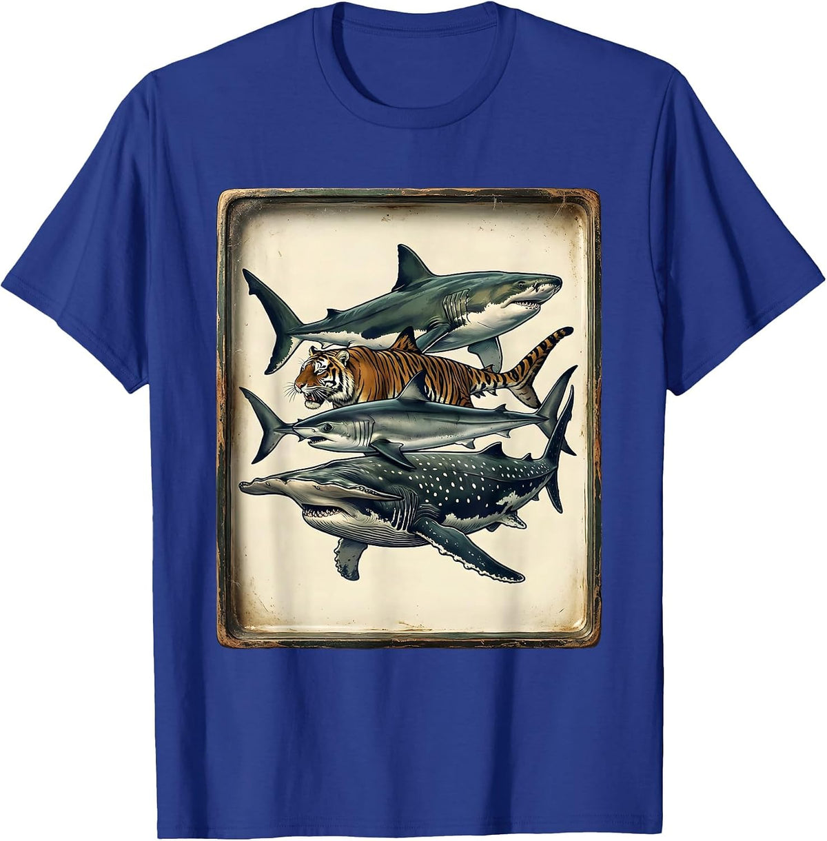 Men's Five Shark Species Vintage Ocean Wildlife Humor T-Shirt - Royal Blue
