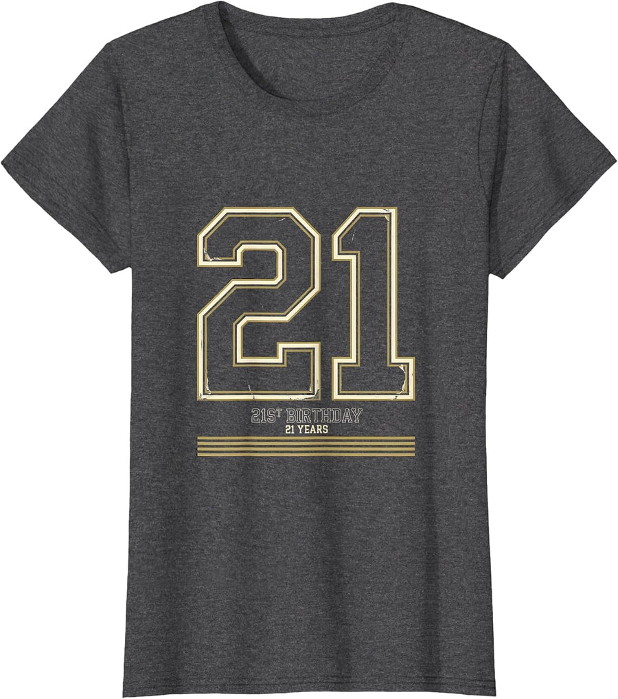 Women's 21ST BIRTHDAY 21 YEARS Vintage Varsity Sports Jersey Number T-Shirt - Dark Heather Grey