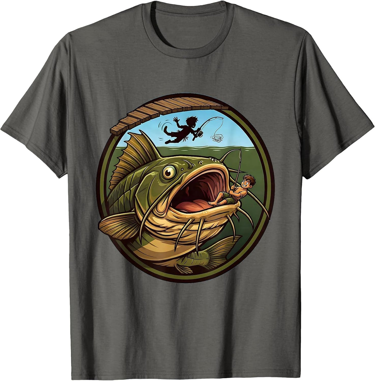 Giant Catfish Drags Kid Off Pier Fishing Graphic T-Shirt - Asphalt Grey