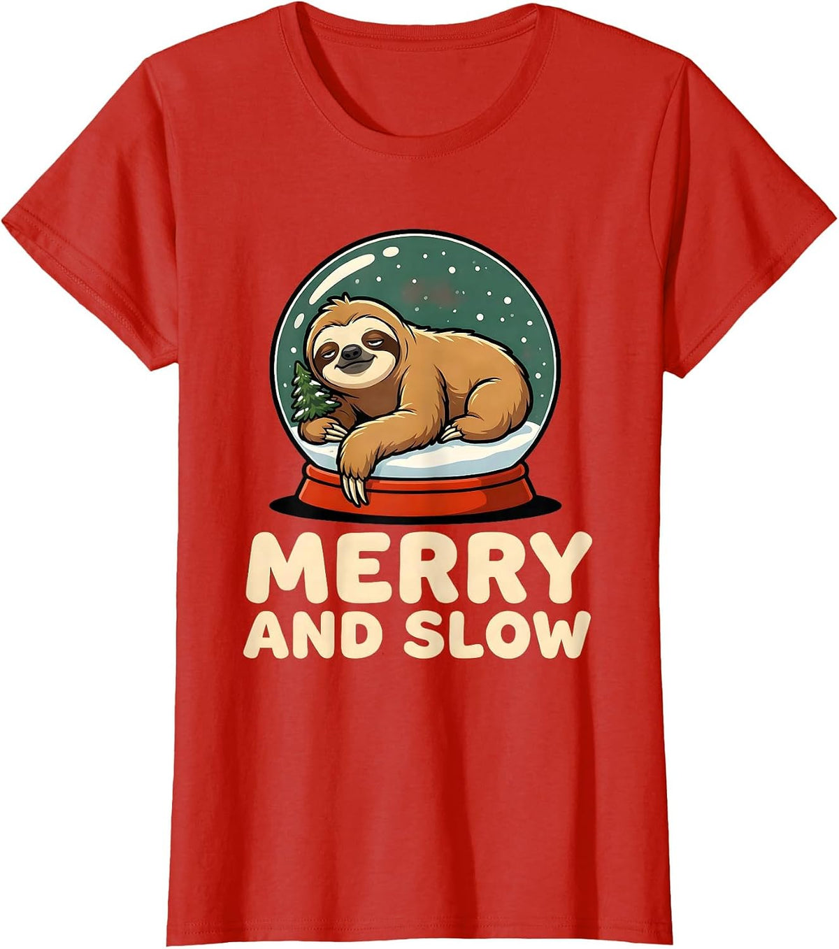 Women's Merry And Slow Cartoon Sloth Humor Ugly Christmas Sweater T-Shirt - Red