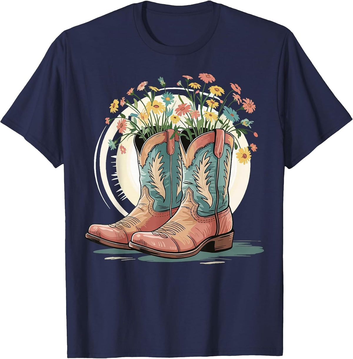 Cowboy Boots Flowers Line Dancing Western T-Shirt - Navy Blue