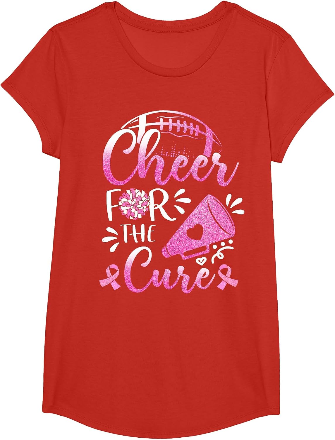 Womens Breast Cancer Awareness Cheer for The Cure Football T-Shirt - Girls Red