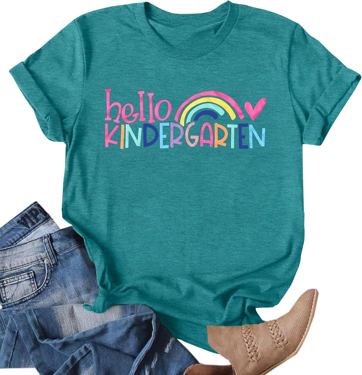 First Grade Shirt for Women Teacher Back to School Tee Colorful First Day of School Top Rainbow Graphic T-Shirt - Kg-cyan
