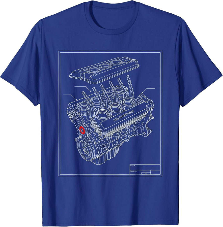 I Still Play With Valves Technical Blueprint Mechanic Engine T-Shirt - Royal Blue