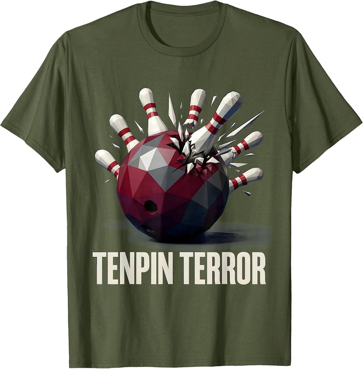 Tenpin Terror Bowling Graphic Design T-Shirt - Olive Green