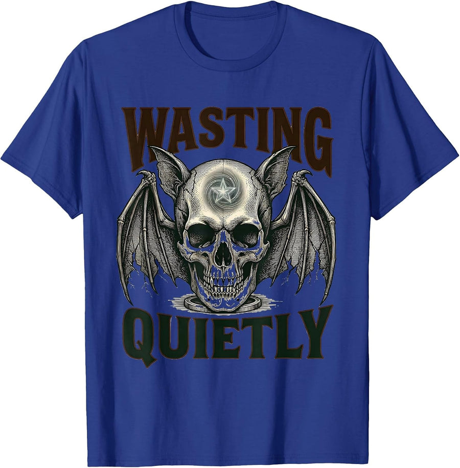 Wasting Quietly Gothic Vampire Bat Skull Y2K Grunge Alt T-Shirt - Royal Blue