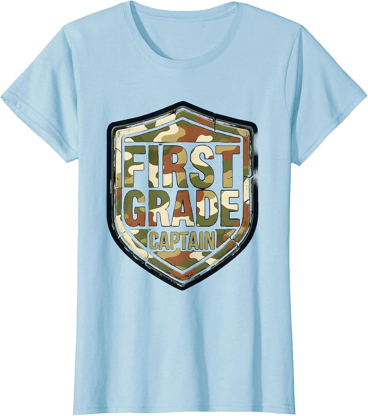 First Grade Captain Distressed Camo Back To School Boys T-Shirt - Baby Blue
