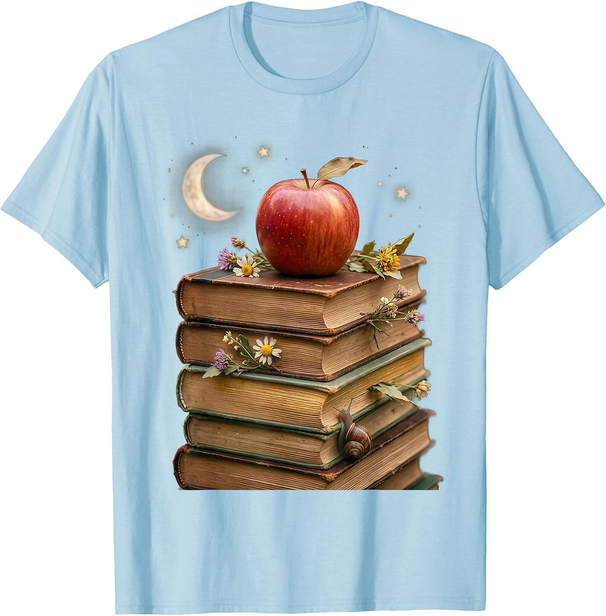 Men's Reading Teacher Stack of Books Apple Illustration T-Shirt - Baby Blue